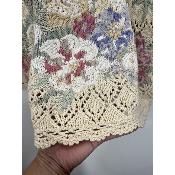 Vtg Hand Knit Chunky Ramie Floral Embroidery Grandma Garden Cottagecore Sweater - Picture 6 of 11